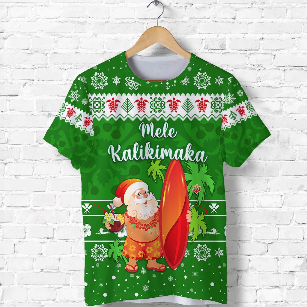 Custom Hawaii Christmas T Shirt Santa Claus Surfing Simple Style Green LT8 - Wonder Print Shop