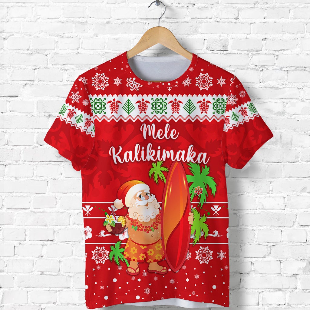 Custom Hawaii Christmas T Shirt Santa Claus Surfing Simple Style Red LT8 - Wonder Print Shop
