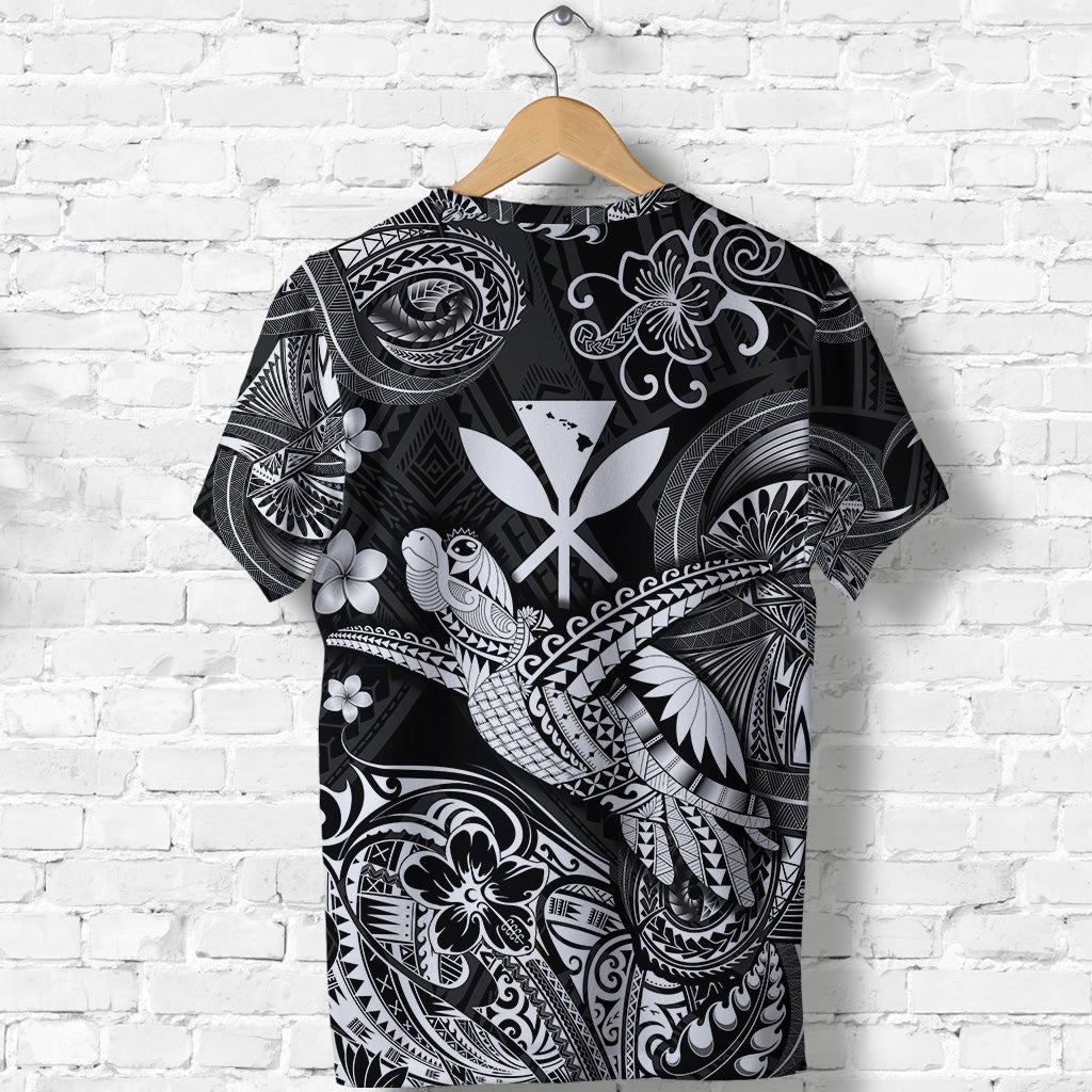 Black T-shirt with bird-and-turtle tribal artwork, floral accents and bold motifs
