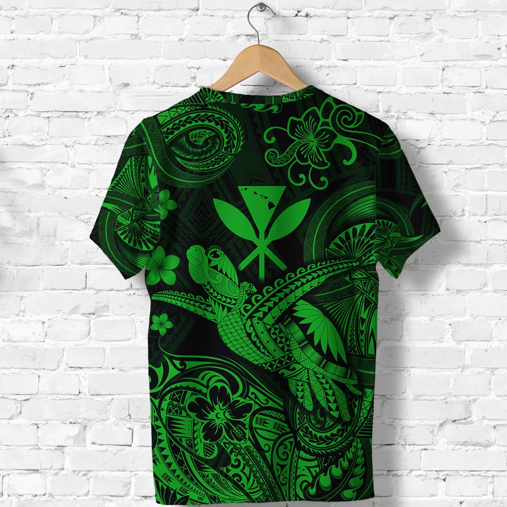 Green turtle T-shirt with black-and-green Polynesian leaf and wave motifs
