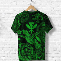 Green turtle T-shirt with black-and-green Polynesian leaf and wave motifs
