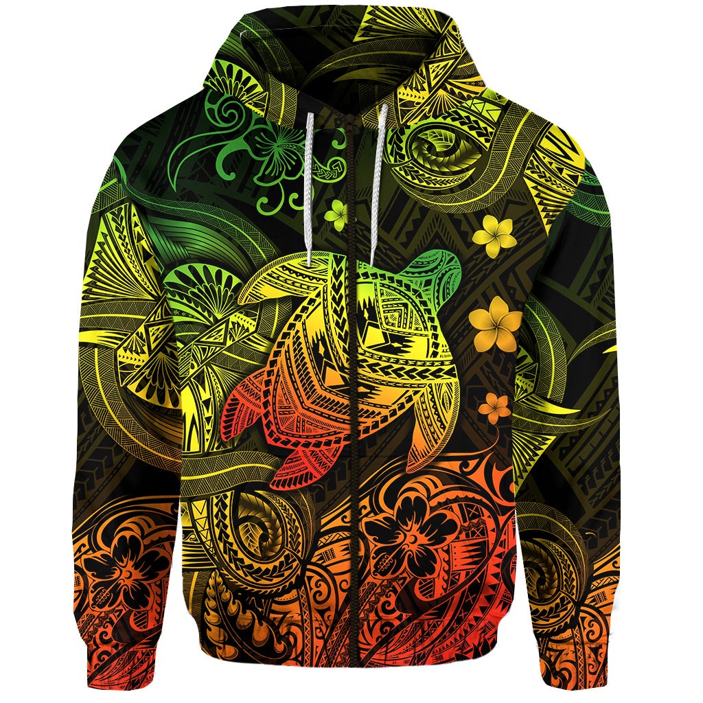 Hawaii Turtle Polynesian Zip Hoodie Plumeria Flower Unique Style Reggae LT8 - Wonder Print Shop