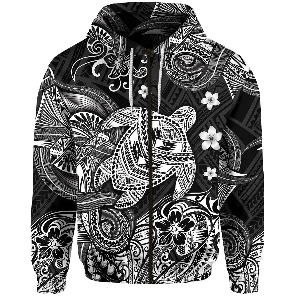 Hawaii Turtle Polynesian Zip Hoodie Plumeria Flower Unique Style Black LT8 - Wonder Print Shop
