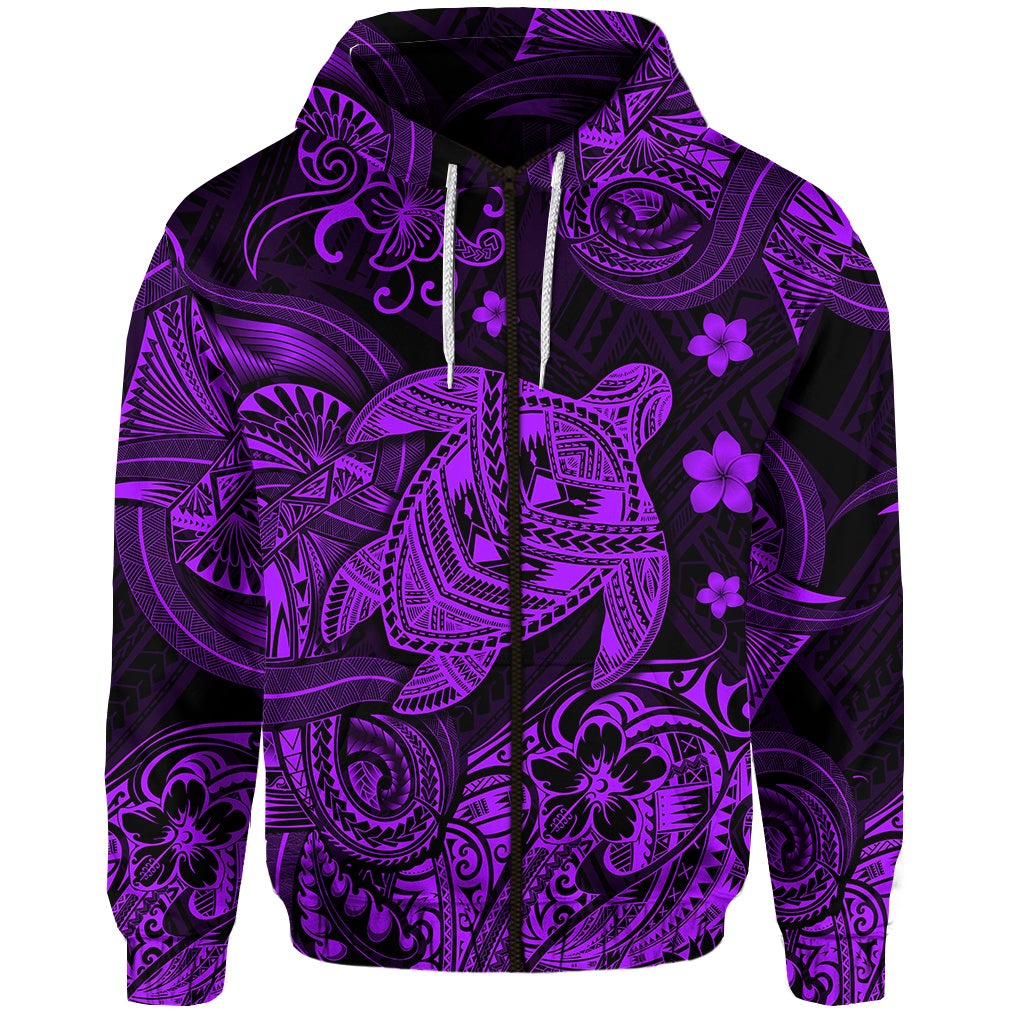 Custom Hawaii Turtle Polynesian Zip Hoodie Plumeria Flower Unique Style Purple LT8 - Wonder Print Shop