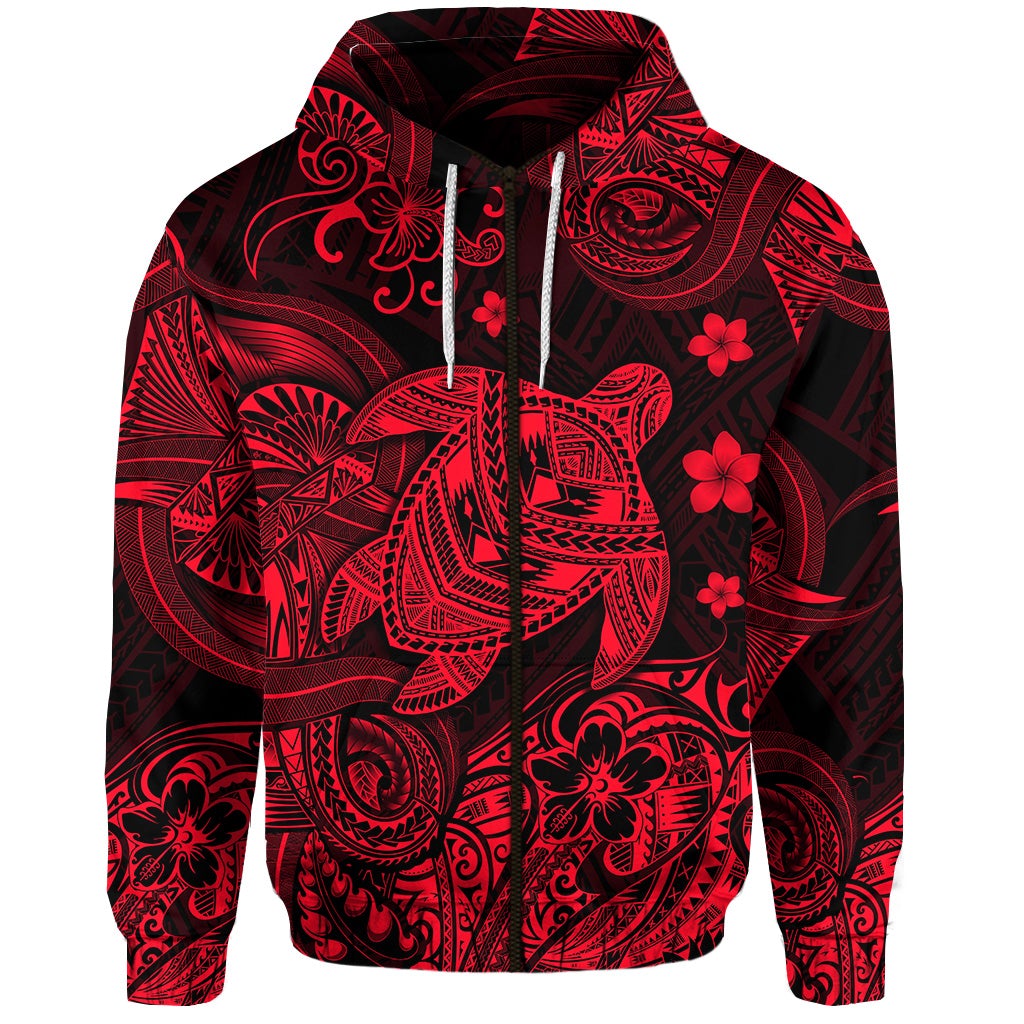 Custom Hawaii Turtle Polynesian Zip Hoodie Plumeria Flower Unique Style Red LT8 - Wonder Print Shop