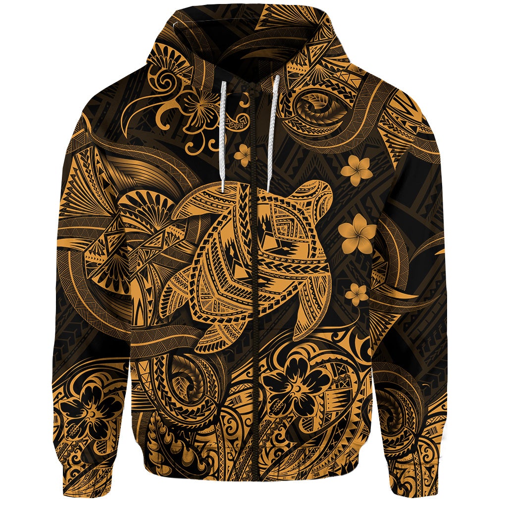 Custom Hawaii Turtle Polynesian Zip Hoodie Plumeria Flower Unique Style Gold LT8 - Wonder Print Shop