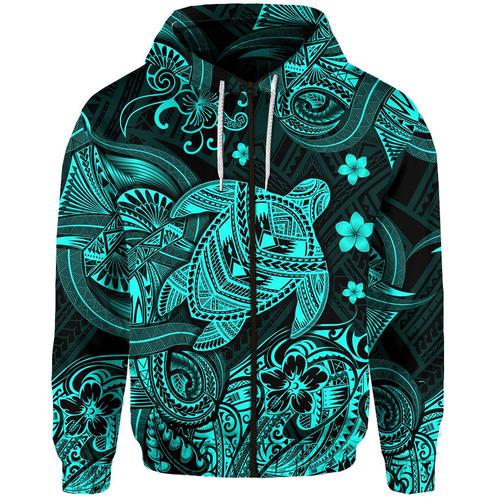 Custom Hawaii Turtle Polynesian Zip Hoodie Plumeria Flower Unique Style Turquoise LT8 - Wonder Print Shop