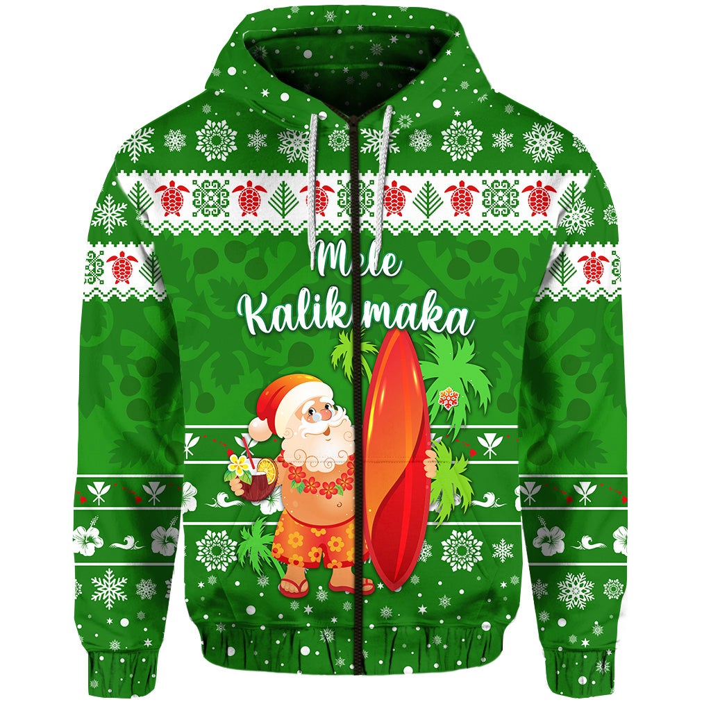 Custom Christmas Hawaii Zip Hoodie Santa Claus Surfing Simple Style Green LT8 - Wonder Print Shop
