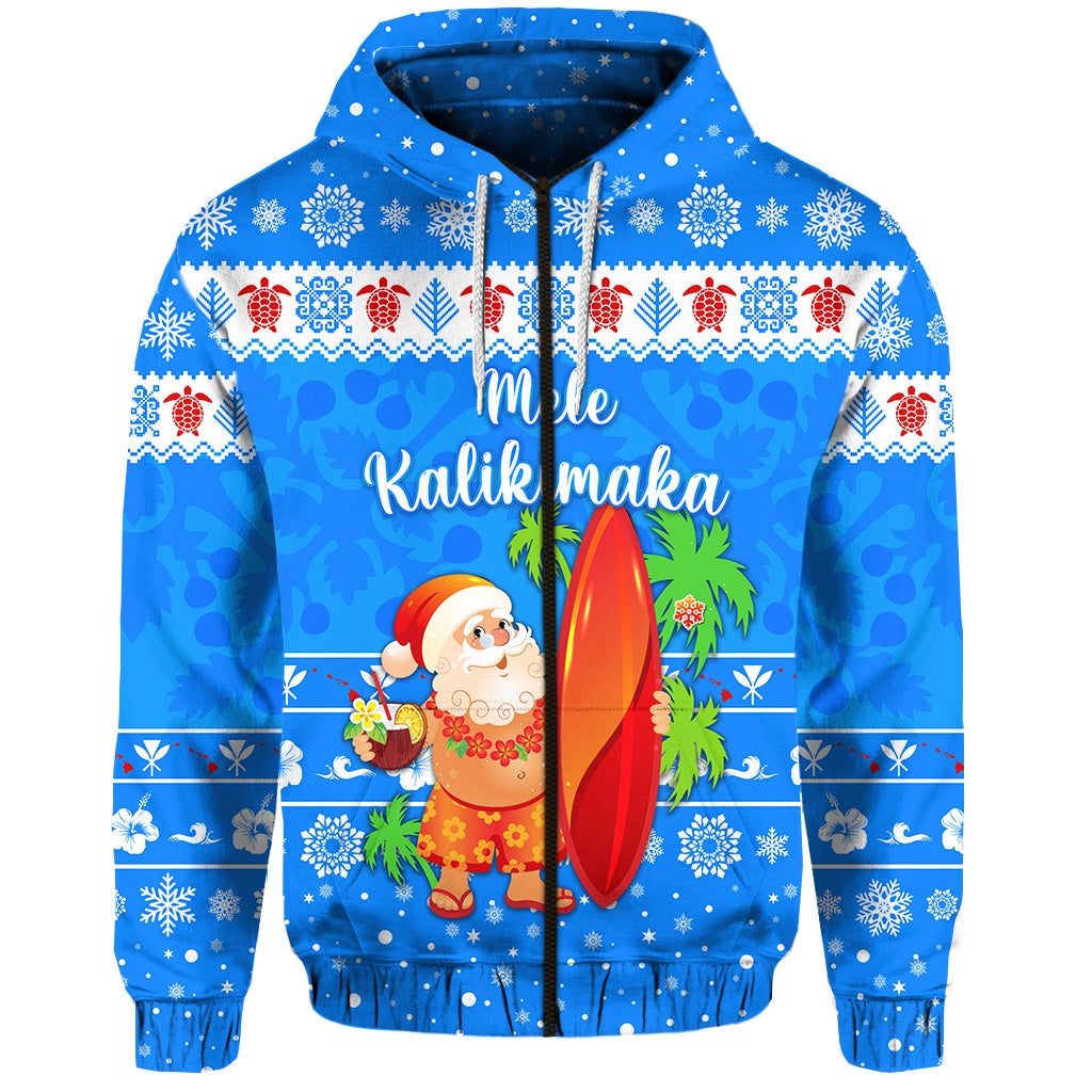 Custom Christmas Hawaii Zip Hoodie Santa Claus Surfing Simple Style Blue LT8 - Wonder Print Shop