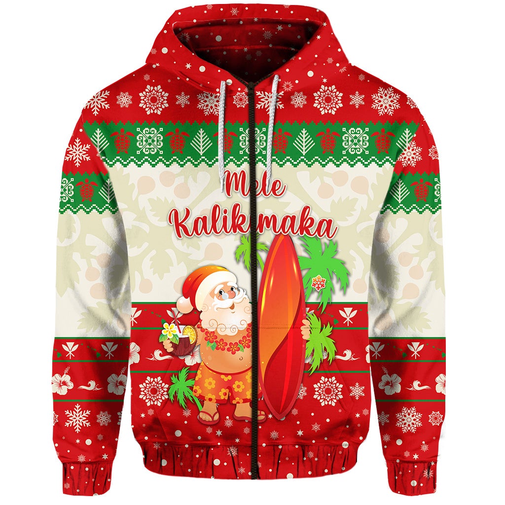Custom Christmas Hawaii Zip Hoodie Santa Claus Surfing Simple Style Beige Red LT8 - Wonder Print Shop
