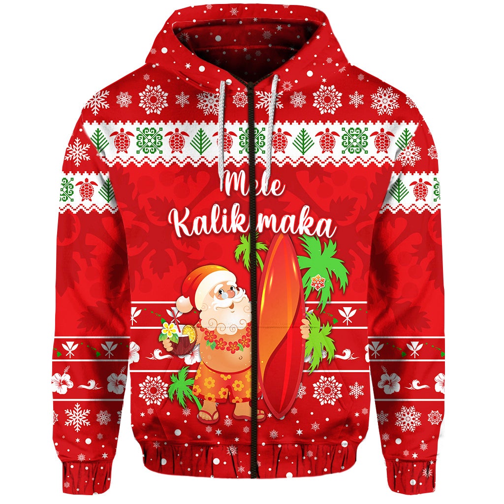 Custom Christmas Hawaii Zip Hoodie Santa Claus Surfing Simple Style Red LT8 - Wonder Print Shop