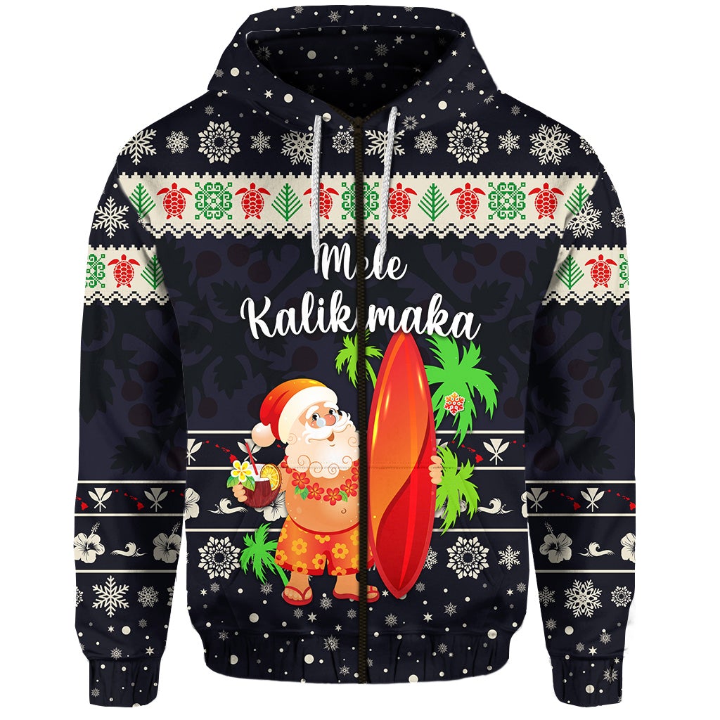 Custom Christmas Hawaii Zip Hoodie Santa Claus Surfing Simple Style Navy LT8 - Wonder Print Shop