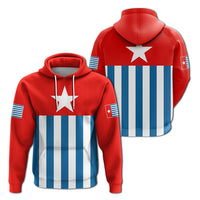 Red pullover hoodie with white star and blue striped front and back print