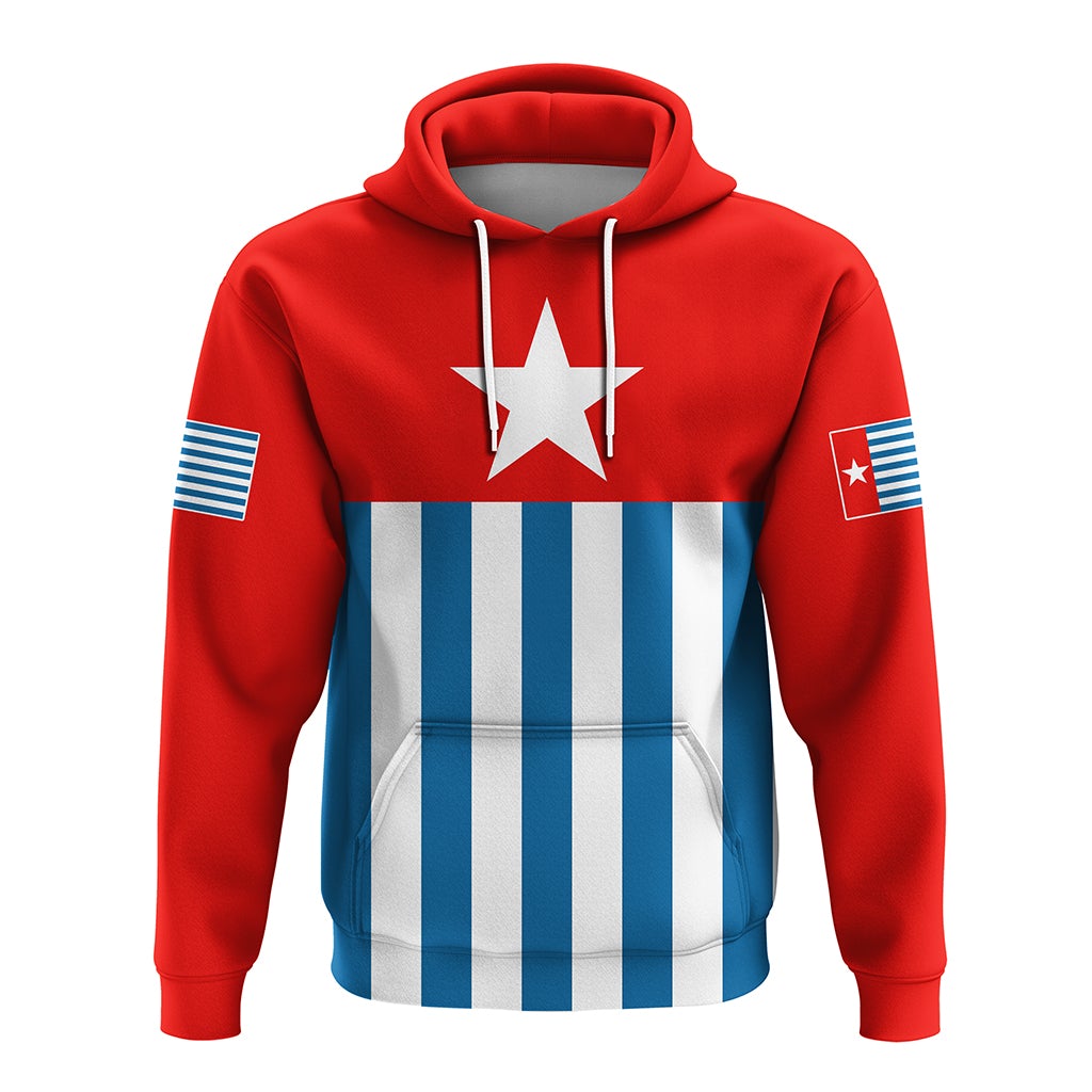 Red pullover hoodie, front view: white star over blue-and-white vertical stripes