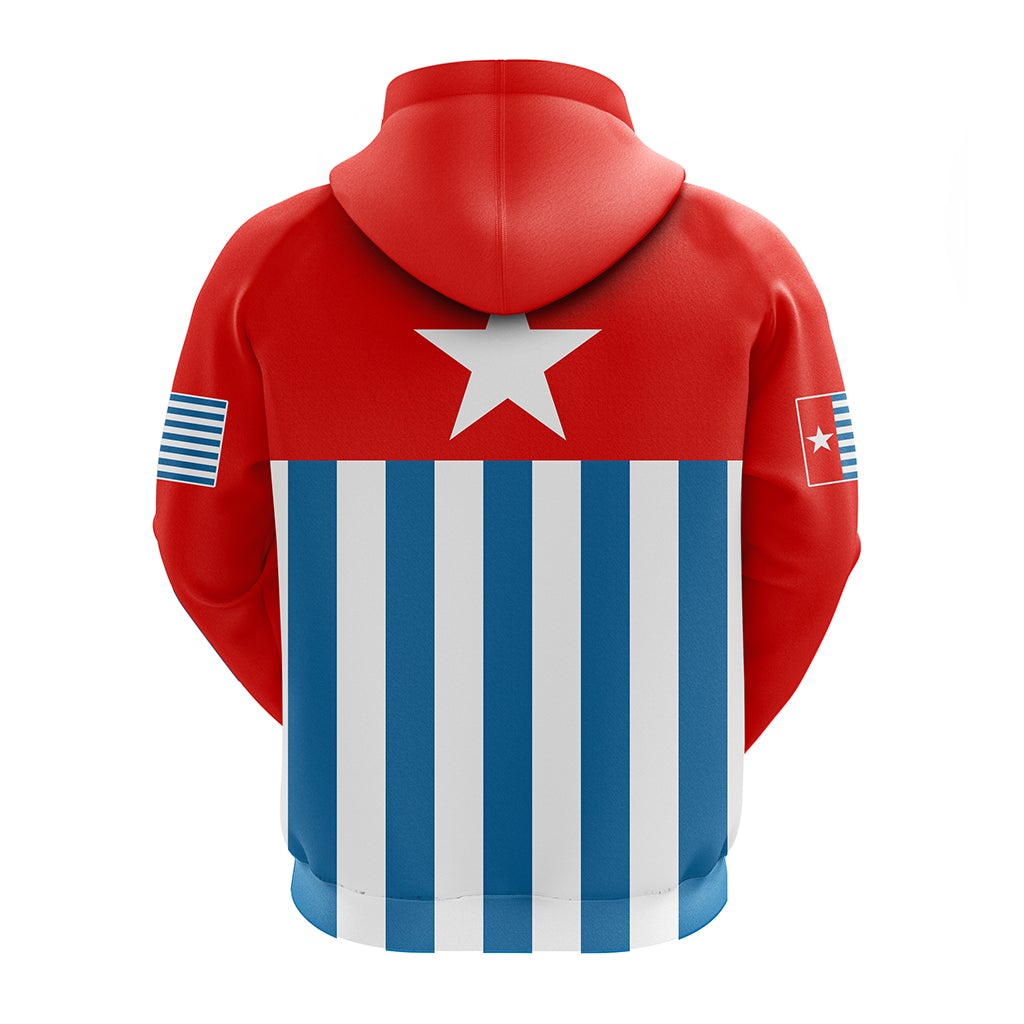 Red pullover hoodie, back view: large white star above blue-and-white vertical stripes