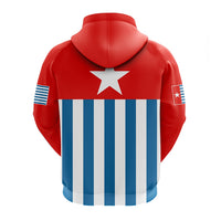 Red pullover hoodie, back view: large white star above blue-and-white vertical stripes