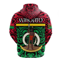 Pullover hoodie back view in red-and-green, central figure emblem graphic