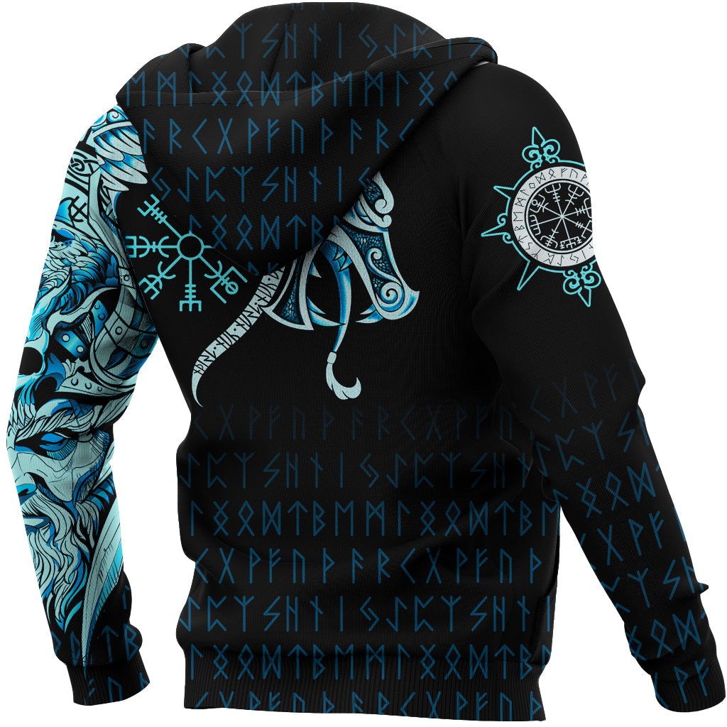 Viking Zip Hoodie, Fenrir Raven and Vegvisir Tattoo Cyan RLT12 - Wonder Print Shop