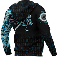 Viking Zip Hoodie, Fenrir Raven and Vegvisir Tattoo Cyan RLT12 - Wonder Print Shop