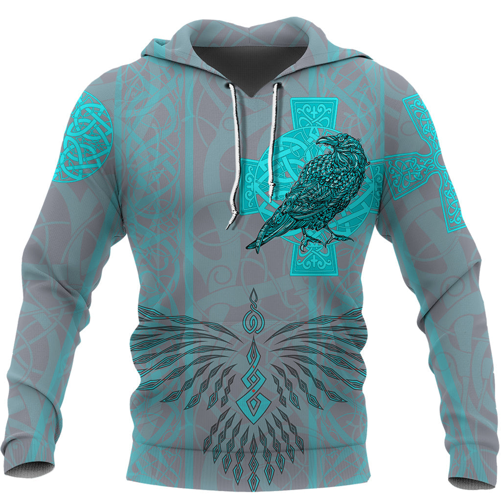 Viking Hoodie Odin's Celtic Raven Scandinavian Tattoo Style Cyan RLT12 - Wonder Print Shop