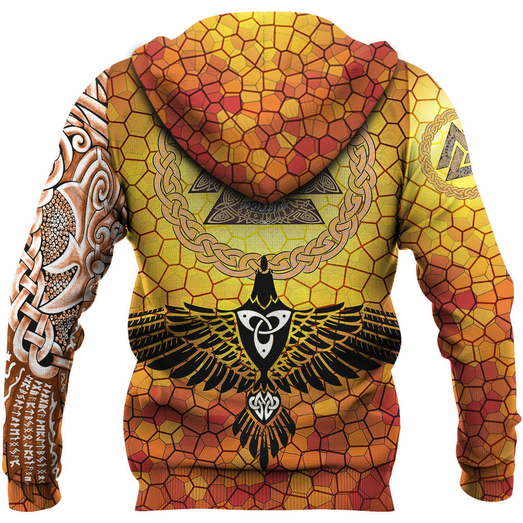 Viking Hoodie Raven Of Odin and Drakkar On Fire On Vignette Gold Valknut RLT12 - Wonder Print Shop