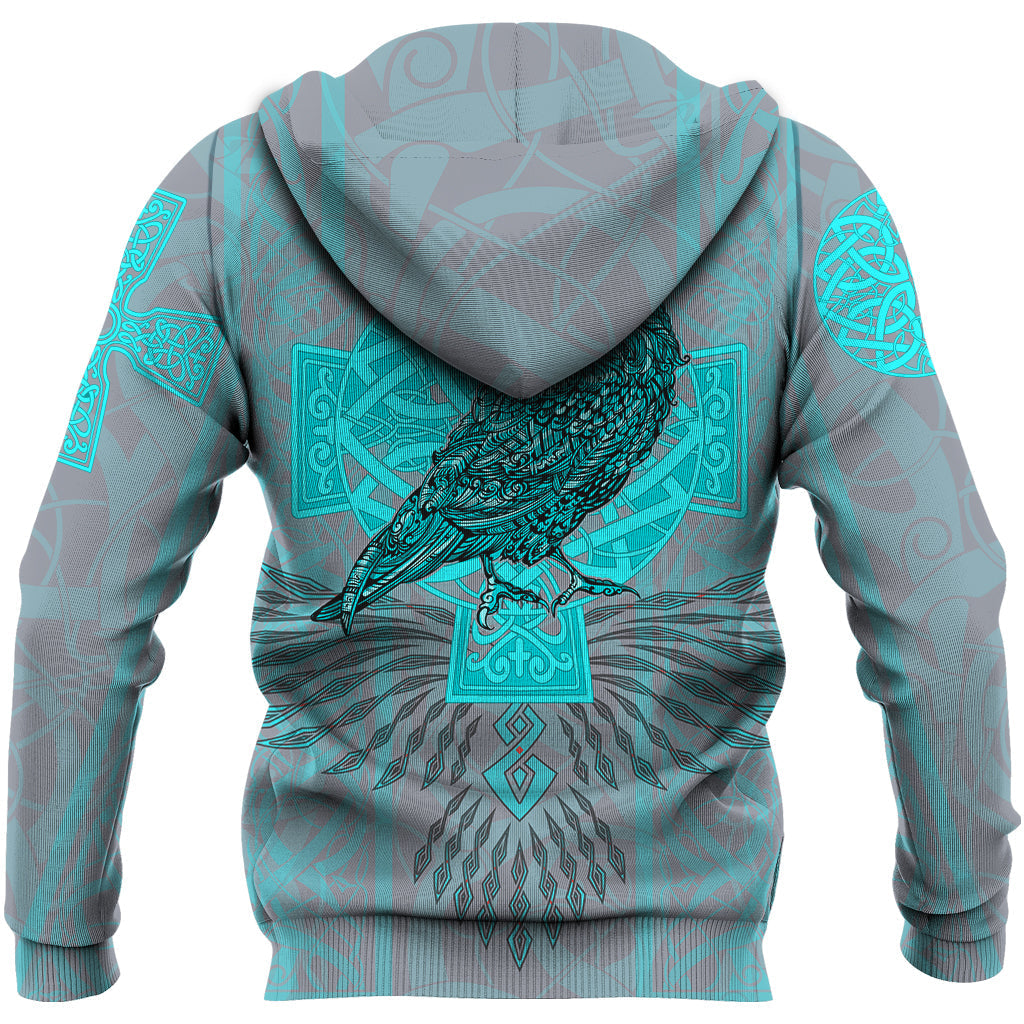 Viking Zip Hoodie Odins Celtic Raven - Scandinavian Tattoo Style Cyan RLT12 - Wonder Print Shop