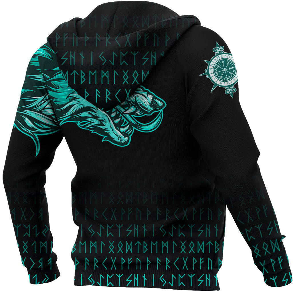 Custom Viking Hoodie Fenrir Wolf Cyan Near Shoulder RLT12 - Wonder Print Shop