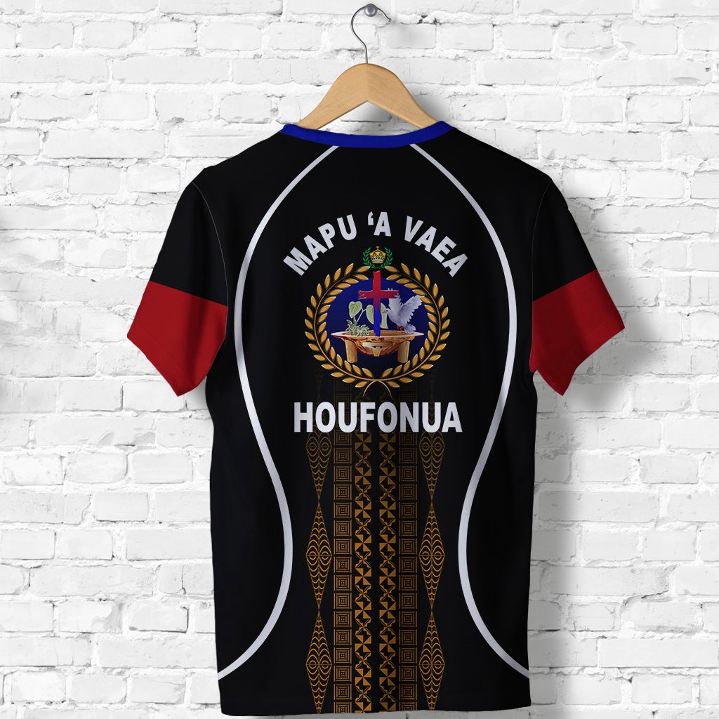 Black back T-shirt with large circular crest, red sleeve panels, and white outline