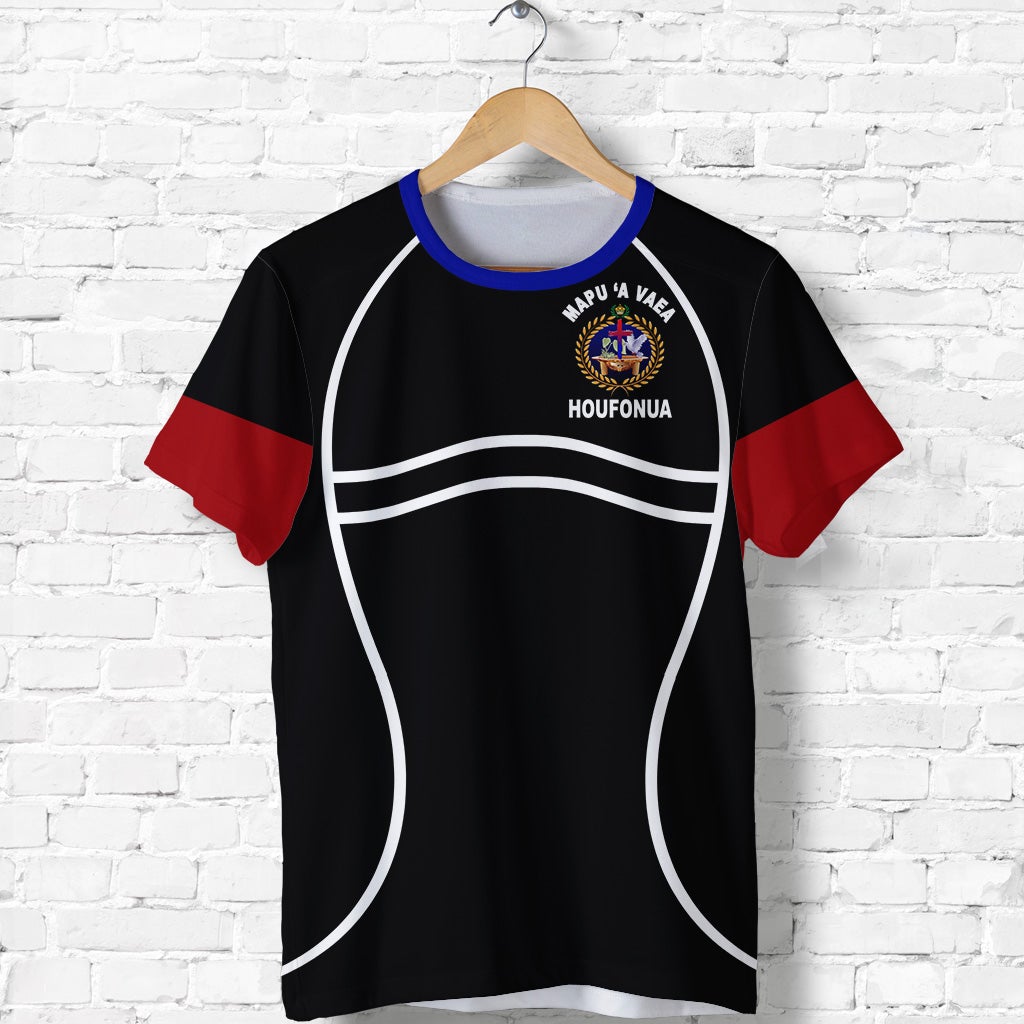 Black T-shirt with blue crew collar, red sleeve panels, and front crest print