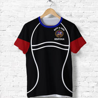 Black T-shirt with blue crew collar, red sleeve panels, and front crest print