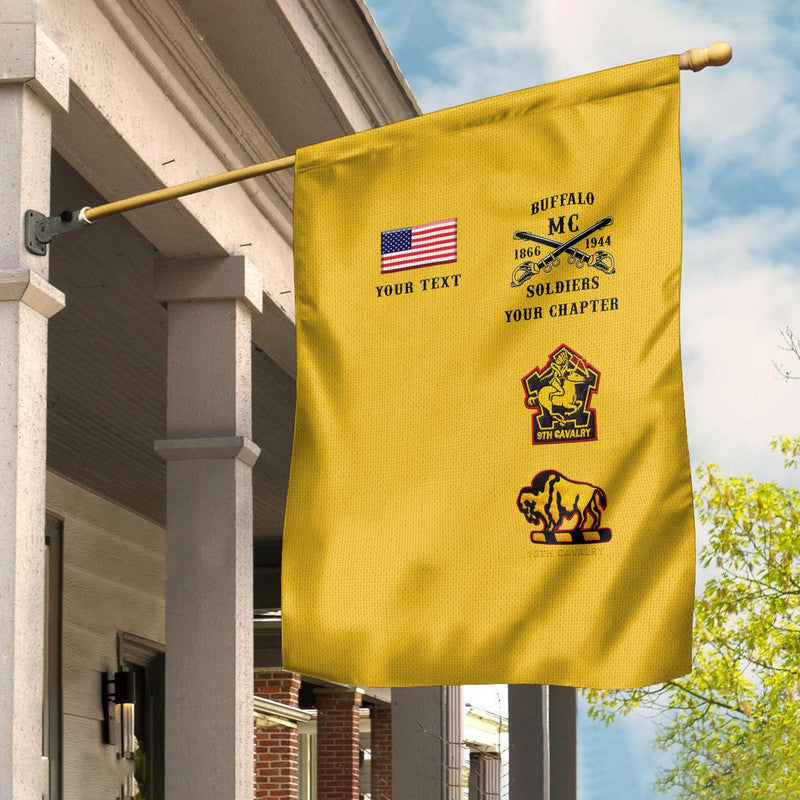 Gold BSMC motorcycle club house flag on pole with Buffalo Soldiers emblems and text