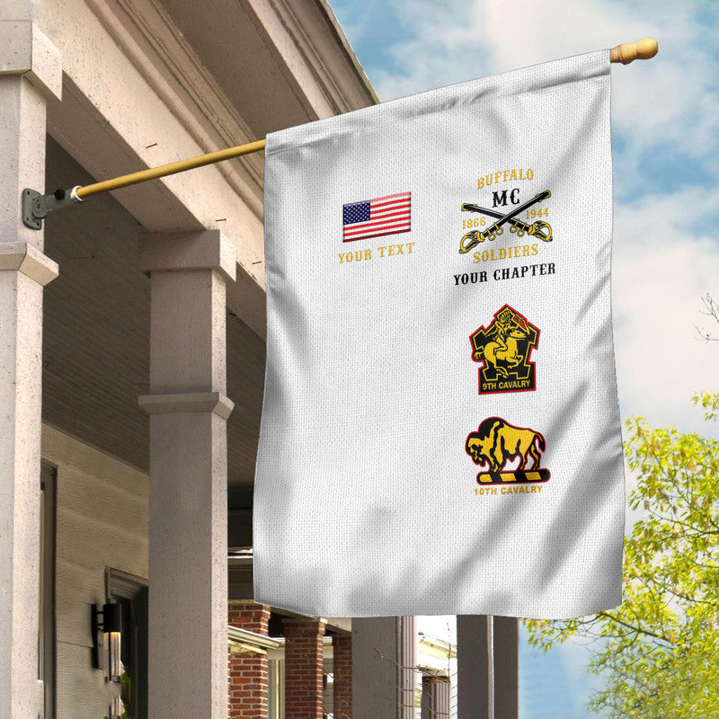 White Buffalo Soldiers MC house flag with US flag, motorcycle crest, and cavalry badge patches