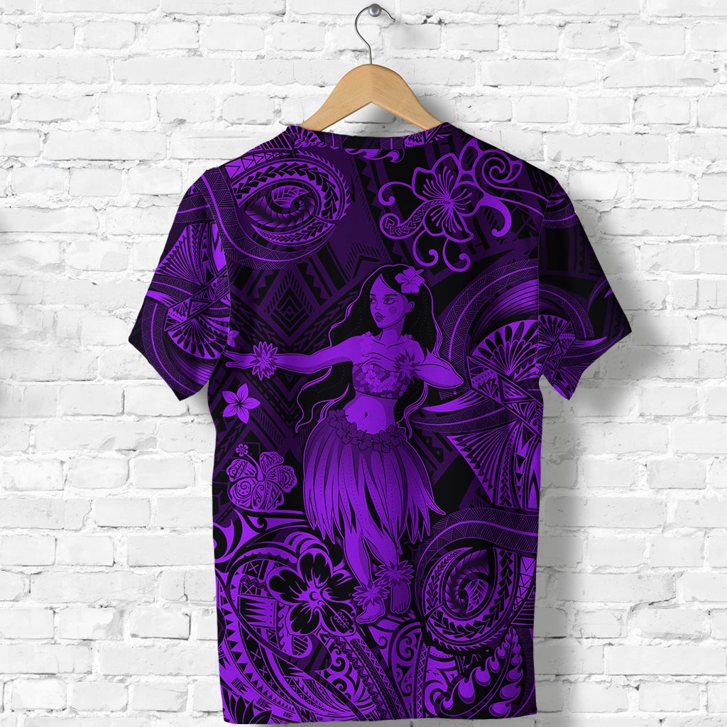 Purple hula girl graphic T-shirt with swirling tiki patterns and hibiscus flowers