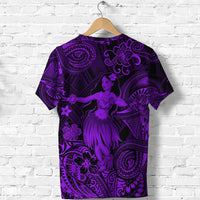 Purple hula girl graphic T-shirt with swirling tiki patterns and hibiscus flowers
