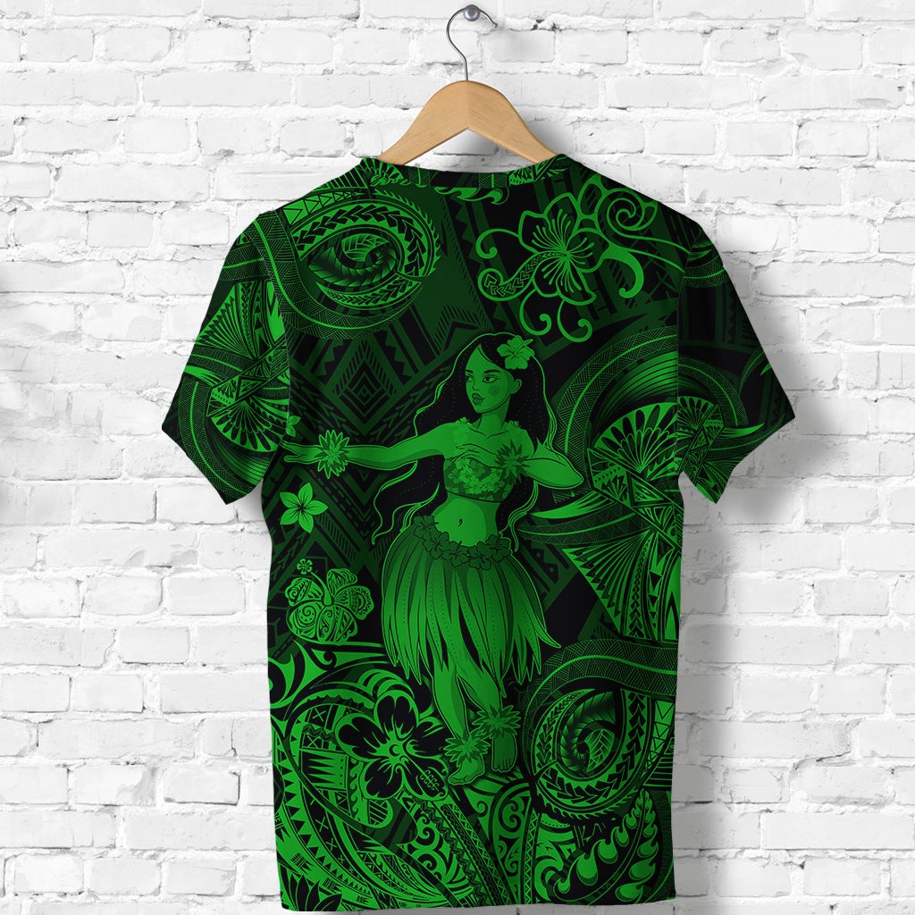 Green hula dancer graphic tee with ornate tribal swirls and flower accents