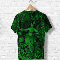 Green hula dancer graphic tee with ornate tribal swirls and flower accents