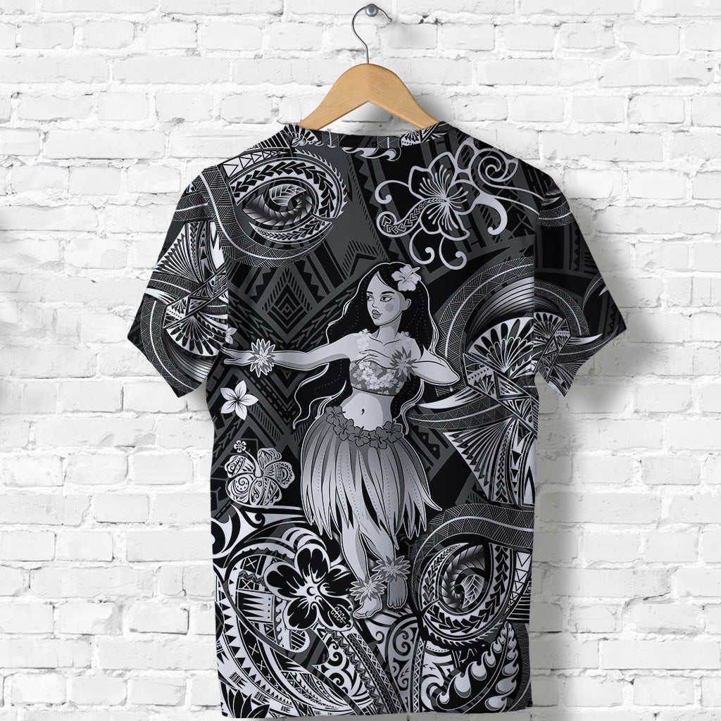 Black T-shirt featuring hula dancer silhouette, hibiscus and swirling tribal motifs