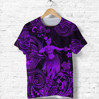 Purple Polynesian-style T-shirt with hula girl and ornate floral tribal print