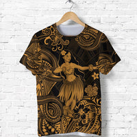 Black T-shirt with gold Polynesian hula girl and ornate tribal swirl print
