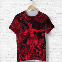 Red hula girl Polynesian print T-shirt with black tribal patterns