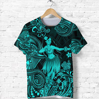 Turquoise hula girl graphic short-sleeve Polynesian T-shirt with floral tribal pattern