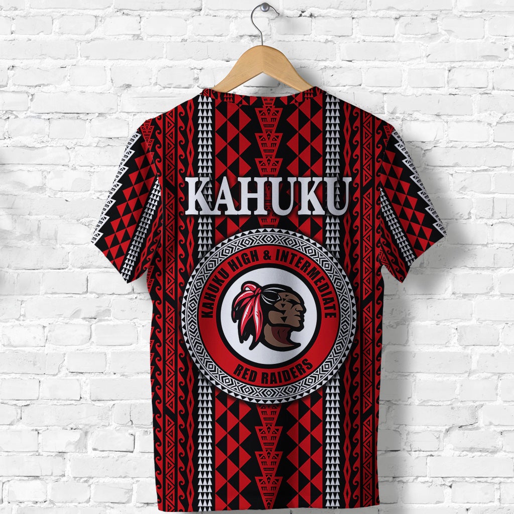 Red black white Kahuku T-shirt with “KAHUKU” text and Red Raiders circular logo