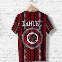 Red black white Kahuku T-shirt with “KAHUKU” text and Red Raiders circular logo