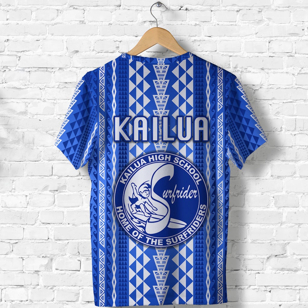 Back view blue Kailua High School Surfriders T-shirt with “KAILUA” text and crest