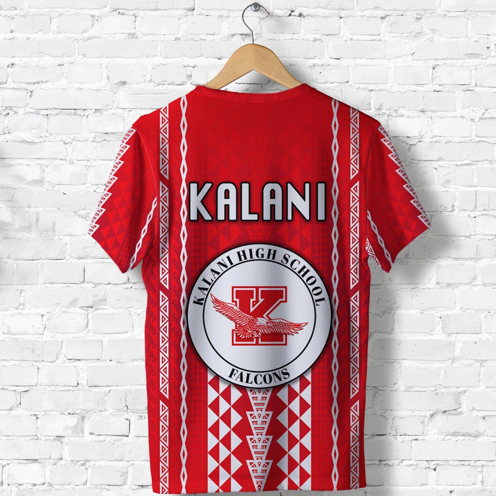Red T-shirt back with KALANI wordmark and Falcons circular crest