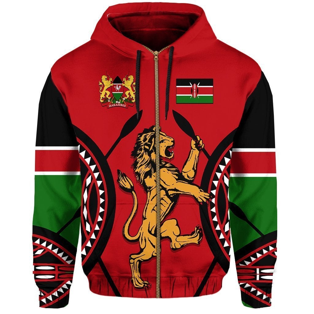 Kenya Lion Zip Hoodie Maasai Shield - Wonder Print Shop
