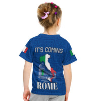 Kids blue back graphic T-shirt: 'IT'S COMING ROME' with Italy map and Colosseum