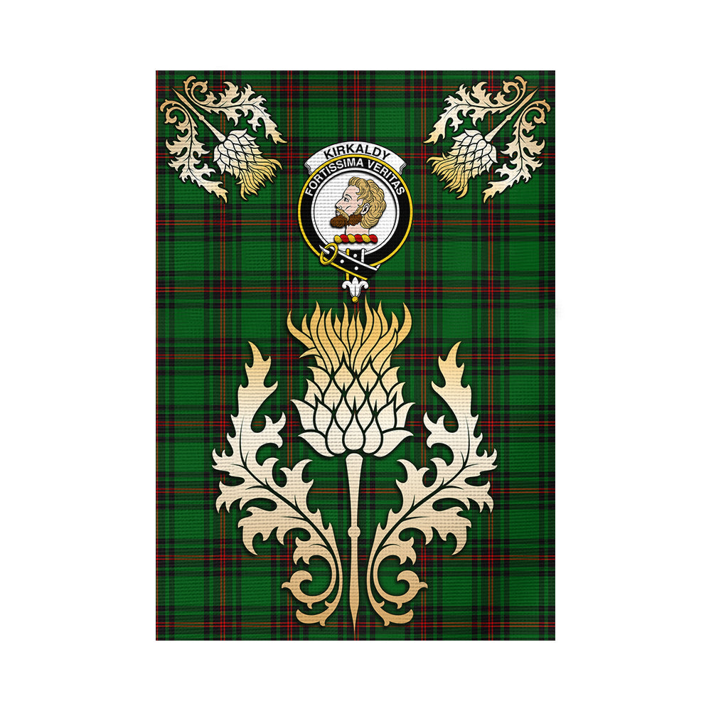 scottish-kirkcaldy-clan-crest-gold-thistle-tartan-garden-flag
