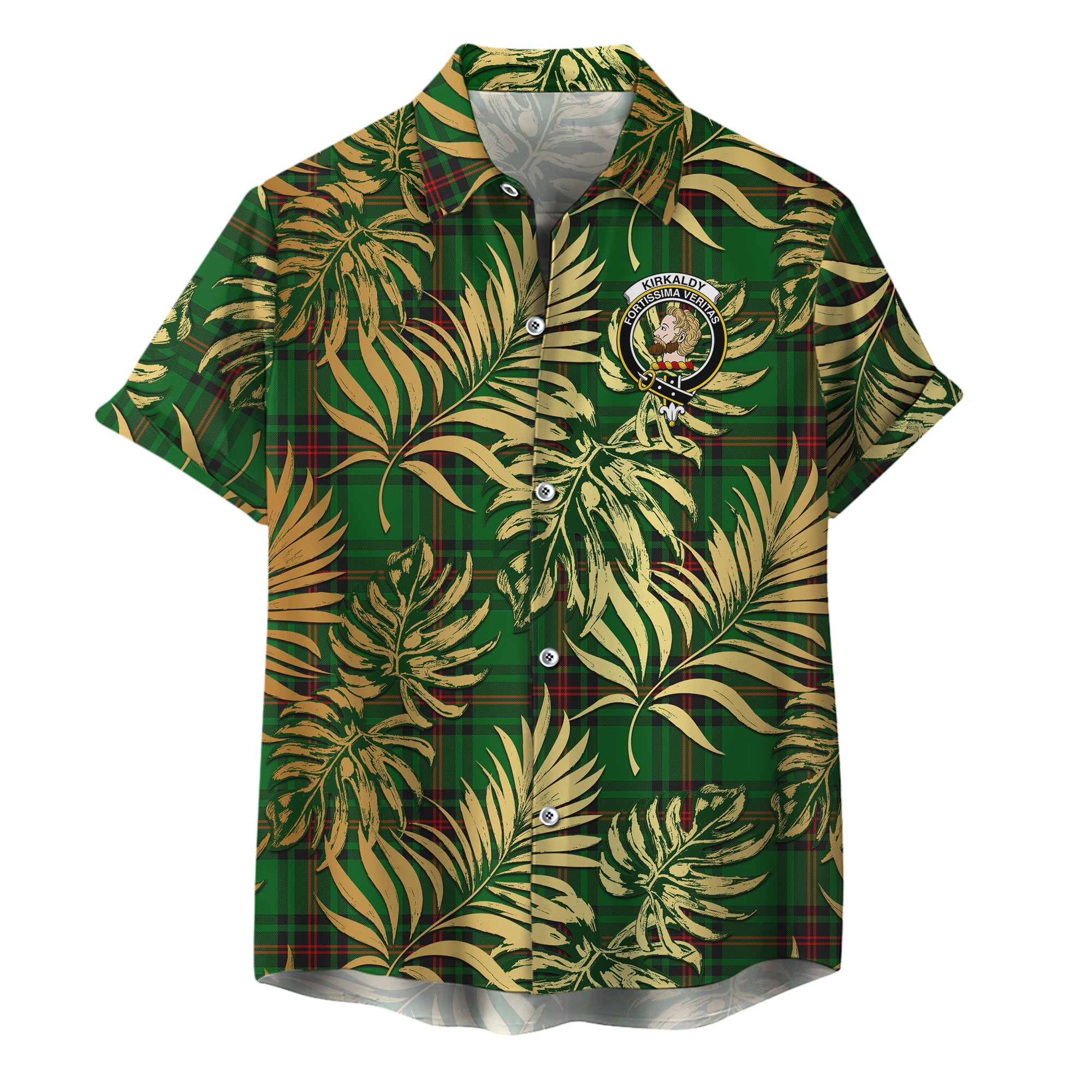 scottish-kirkcaldy-clan-crest-tartan-golden-tropical-palm-leaves-hawaiian-shirt