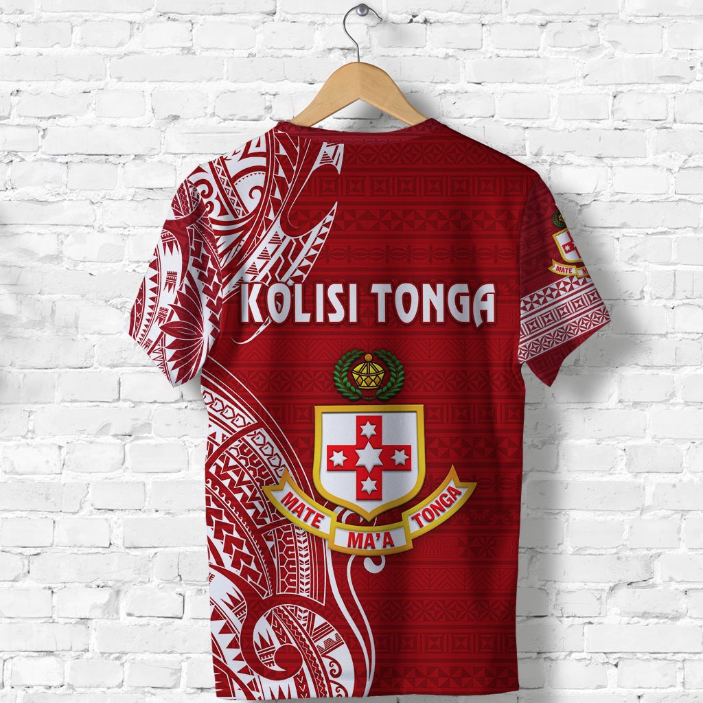 Red Kolisi Tonga T-shirt back view with white tribal-style print and crest graphic